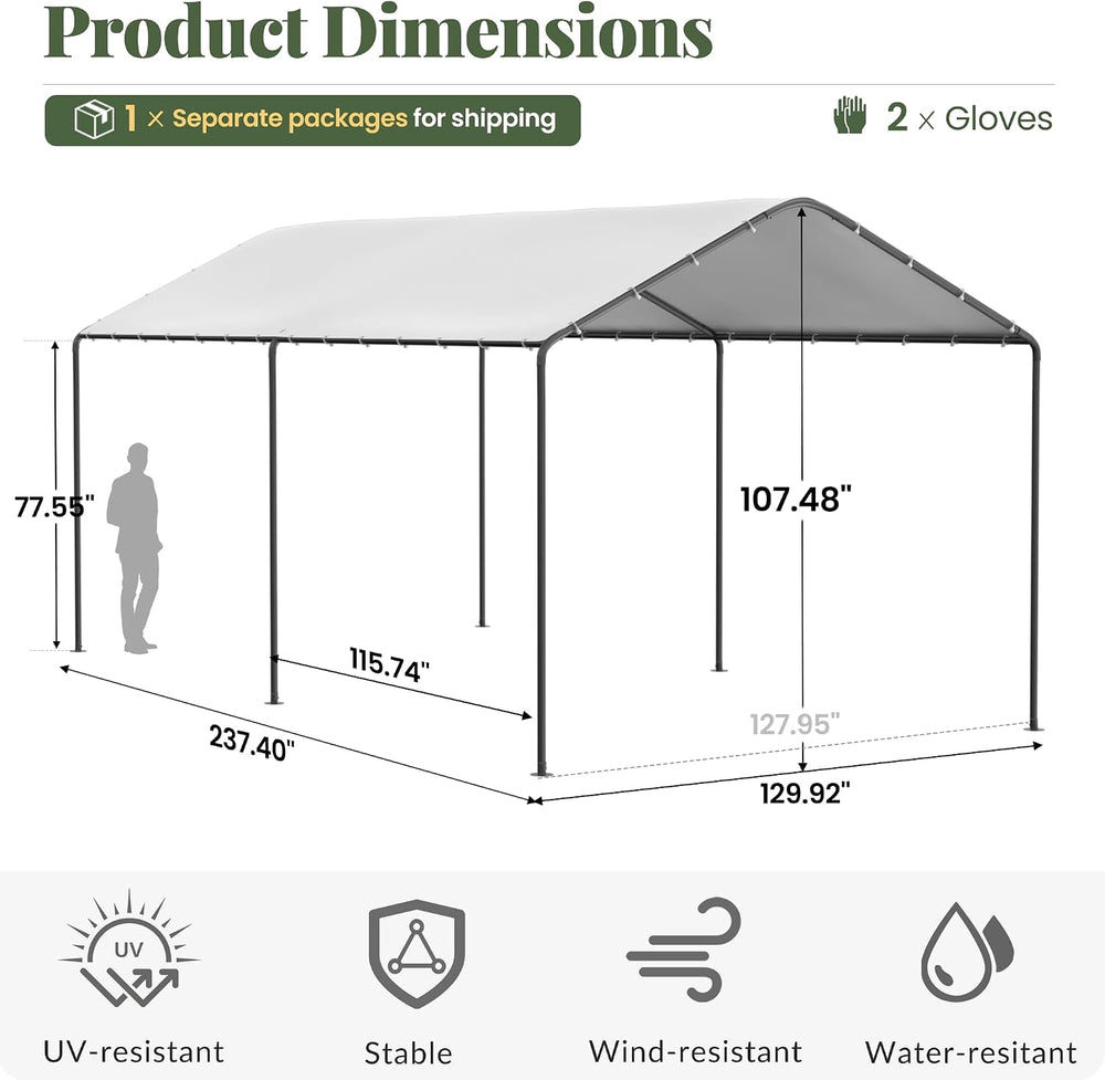 Carport, 10‘ x 20’ Garage Car Canopy w/Water-Resistant Top Cover, White