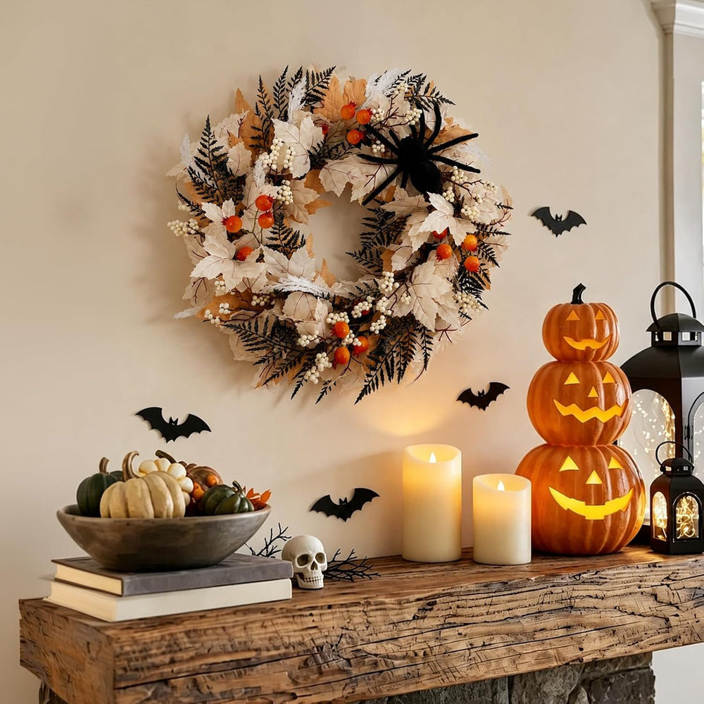 Grooy 24 Inch Halloween Wreath for Front Door with Spider Maple Leaf