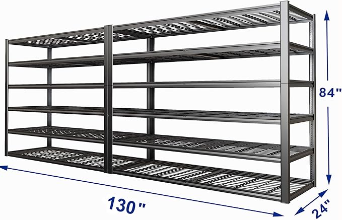65" W Garage Shelving Heavy Duty, 6 Tier Garage Shelves, Adjustable Stor...