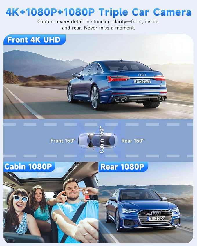 3 Channel Dash Cam, SARMERT 4K Dash Cam Front Inside and Rear
