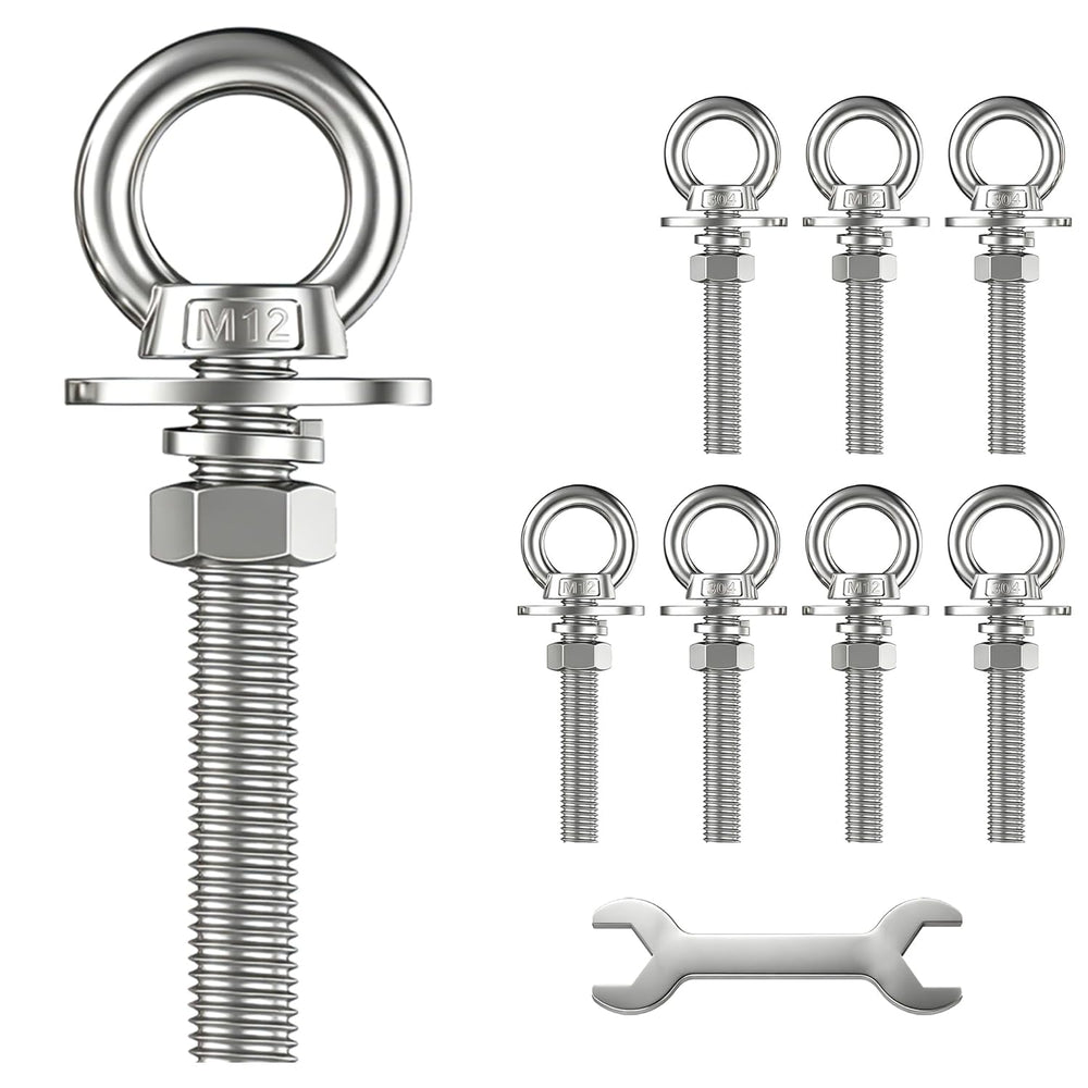 8 Pack M12 Stainless Steel Eye Bolts with Nuts and Washers, 1/2" x 4&quo...