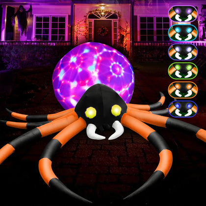 zukakii 12Ft Halloween Inflatables Spider Built-in 7-Color-Shifting Eyes & 3-Effect-Flashing Belly, Large Halloween Decorations Outdoor, Blow Up Yard Decorations Blowups for Garden Decor Orange