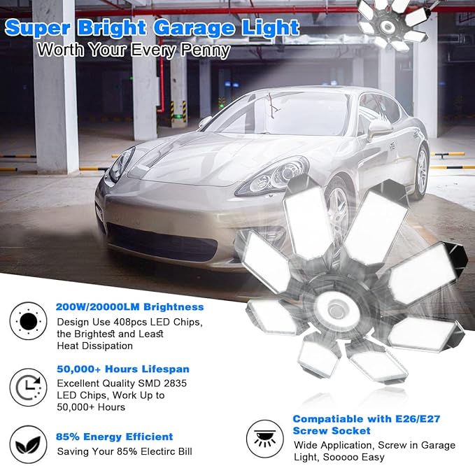 Garage Lights - 40000LM Super Bright Garage Lights Ceiling Led w/ 8 Deformable