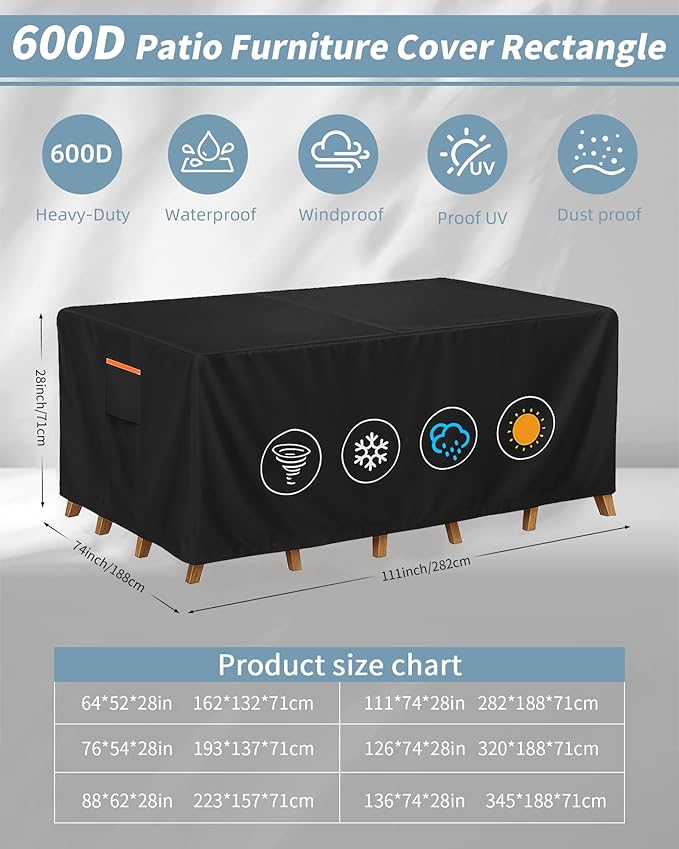 Outdoor Waterproof Furniture Cover, 111W x 74L x 28H inches Heavy Duty 600D