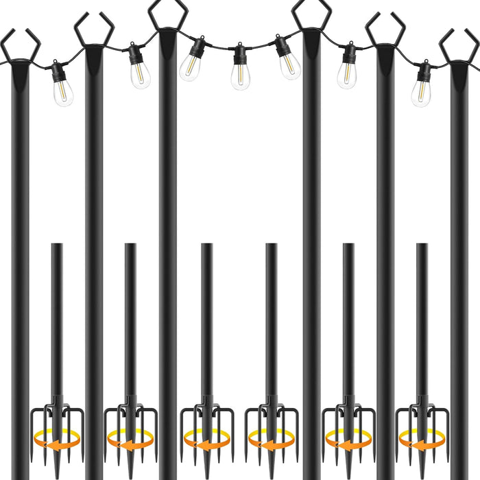 6 Pack 10 ft Heavy Duty Metal String Light Poles Adjustable Outdoor Lighting Stand for Patio,Backyard,Garden,Party & Wedding Rustproof & Sturdy with Hooks