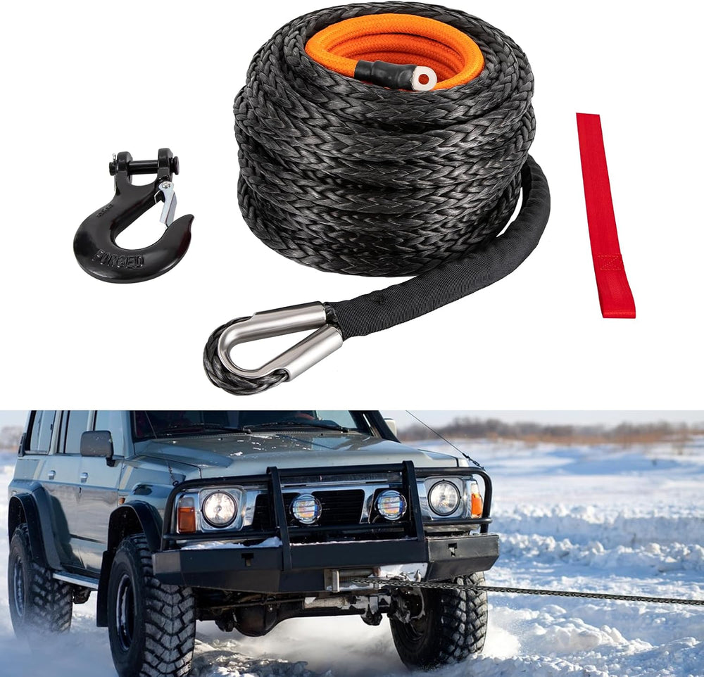 9/16" x76' Synthetic Winch Rope with Hook, Winch Cable with Protecti...