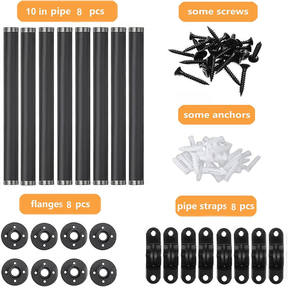 10 Inch Industrial Pipe Shelf Brackets Set of 8, Black Wall Shelving