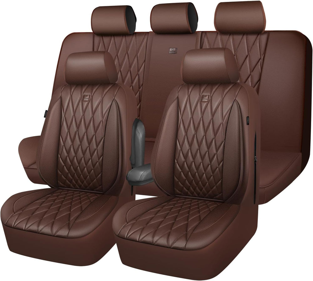 CAR PASS Piping Luxury Faux Leather Seat Covers Full Set, 5 Seats Anti-Slip W...