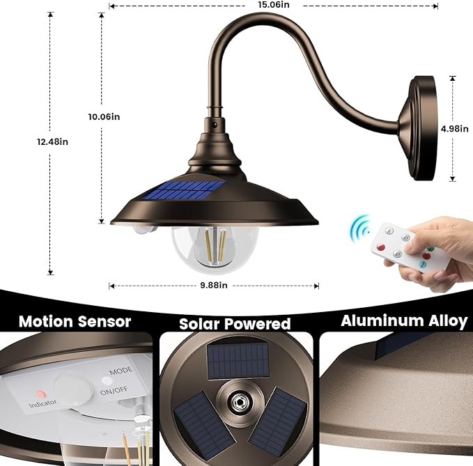 SIEDiNLAR Solar Barn Light Outdoor 3 Modes 2 Lighting, Aluminum Gooseneck Wall
