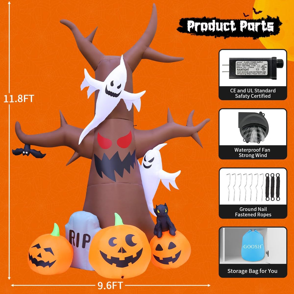 GOOSH 12 FT Halloween Inflatables Tree Outdoor Decorations Blow Up Yard Scary...