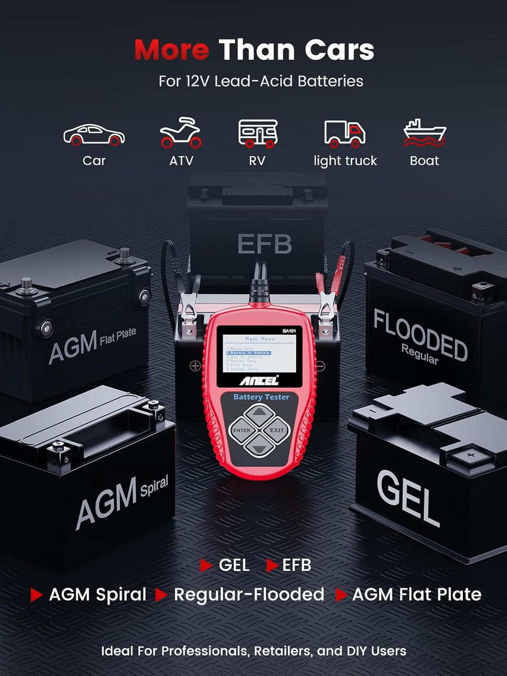 ANCEL BA101 Car Battery Tester, 12V Digital Automotive Alternator Meter Diagn...