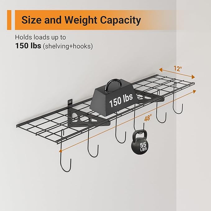 1x4 ft Garage Shelving with 6 Bike Hooks, Pantry Storage, 150 lbs Total Load
