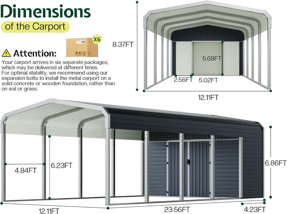Jocisland 12x24 FT 2-in-1 Carport & Storage Shed, Galvanized Steel Roof
