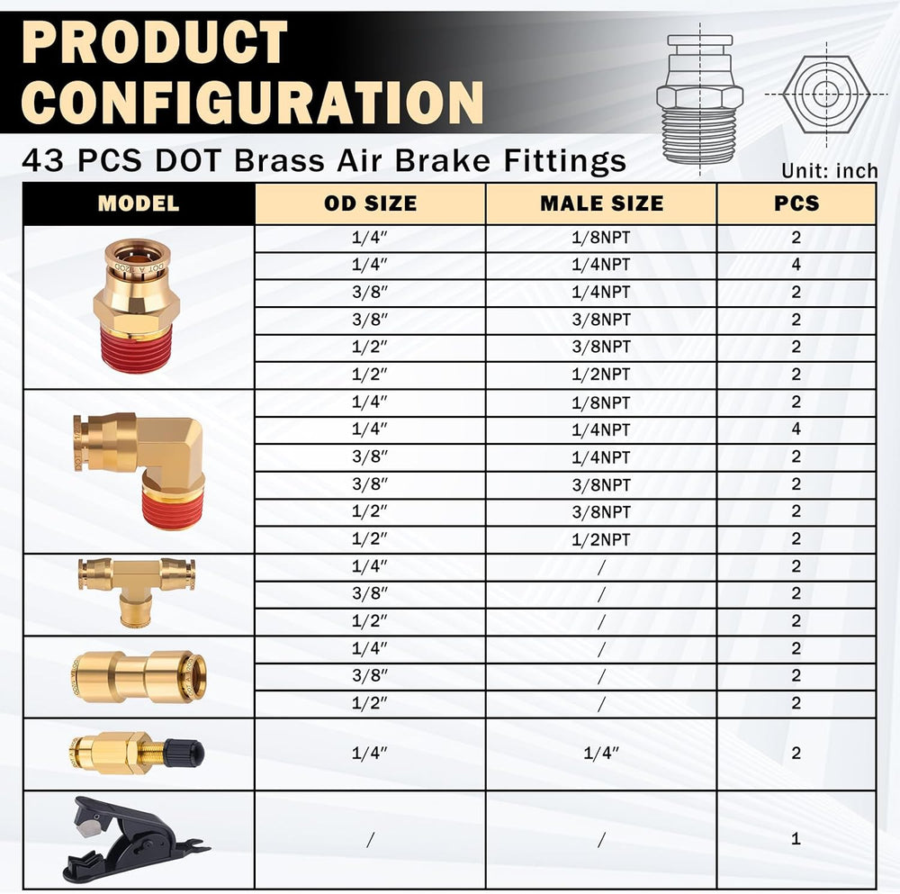 CheeMuii 43 Pcs Brass DOT Air Line Fittings Kit Push Lock DOT Air Fittings