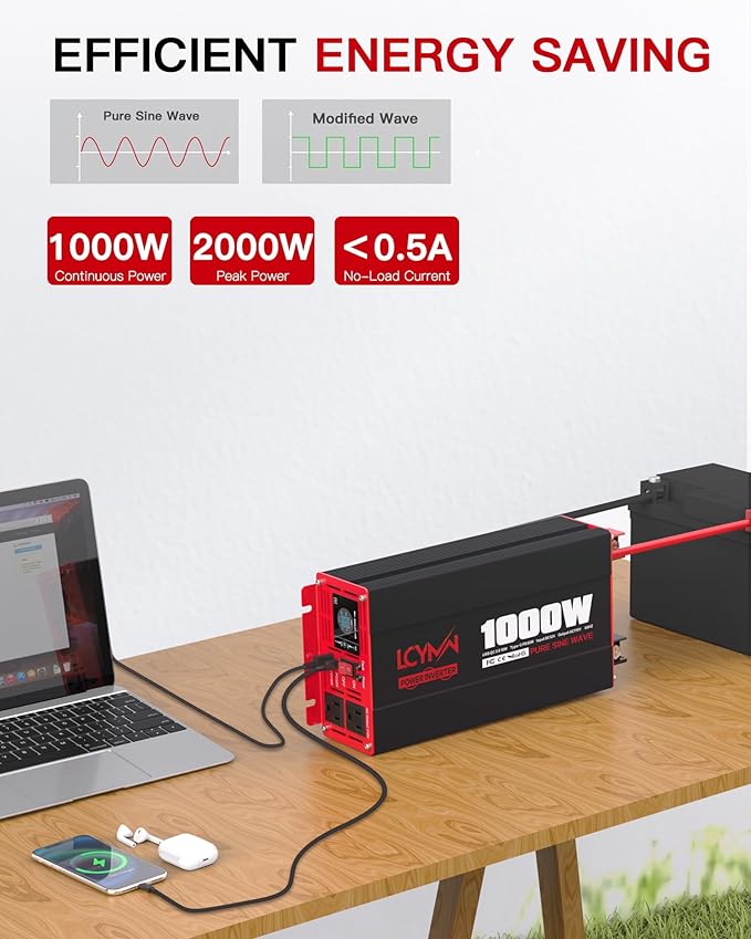 1000 Watts Pure Sine Wave Power Inverter 12V DC to 110V 120V AC Converter
