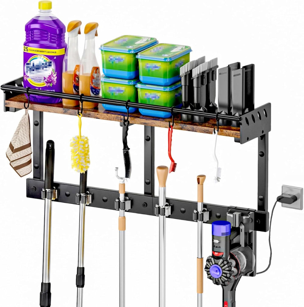 Broom Holder Wall Mount with Shelf, Black, L