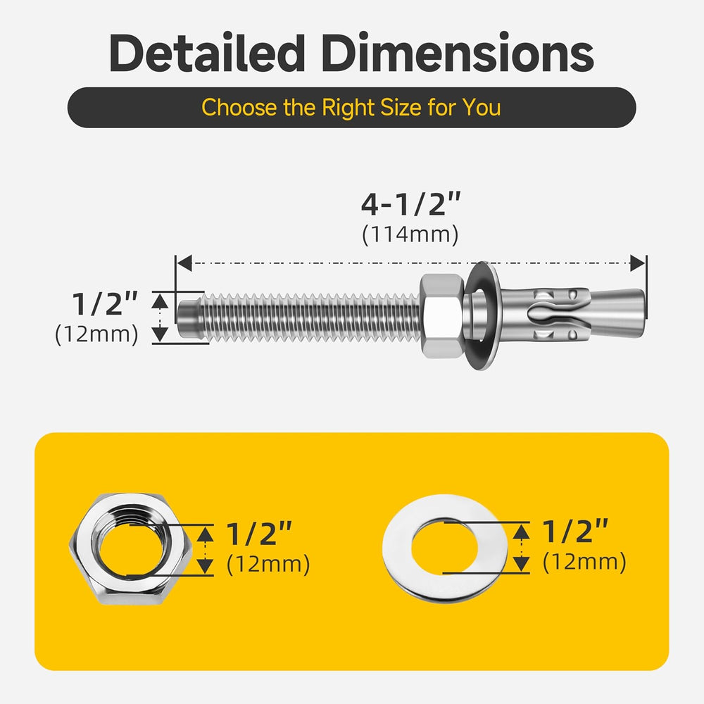 Mywish (25-Pack) 1/2" x 4-1/2" 304 Stainless Steel Wedge Anchors fo...