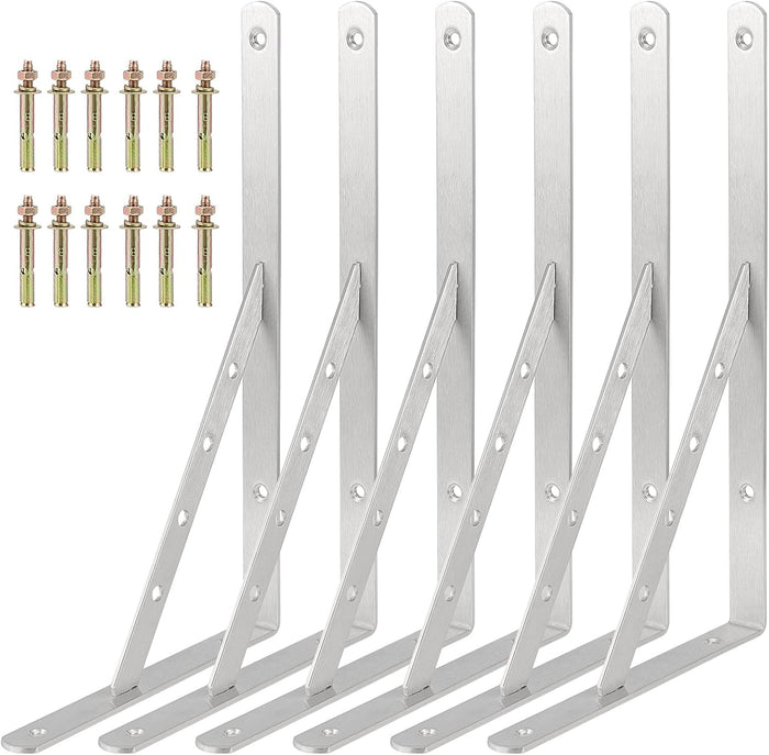 6 Pack 8 x 14 Inch L Shelf Bracket, 440lbs Capacity Stainless Steel Heavy Duty Wall Support, Right Angle Corner Brace with Screws, Countertop Decorative Brackets, Brackets for Shelves, Silver