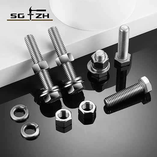 3/8-16 x 6" Hex Head Screw Bolt, Flat & Lock Washers, Fully Threaded...