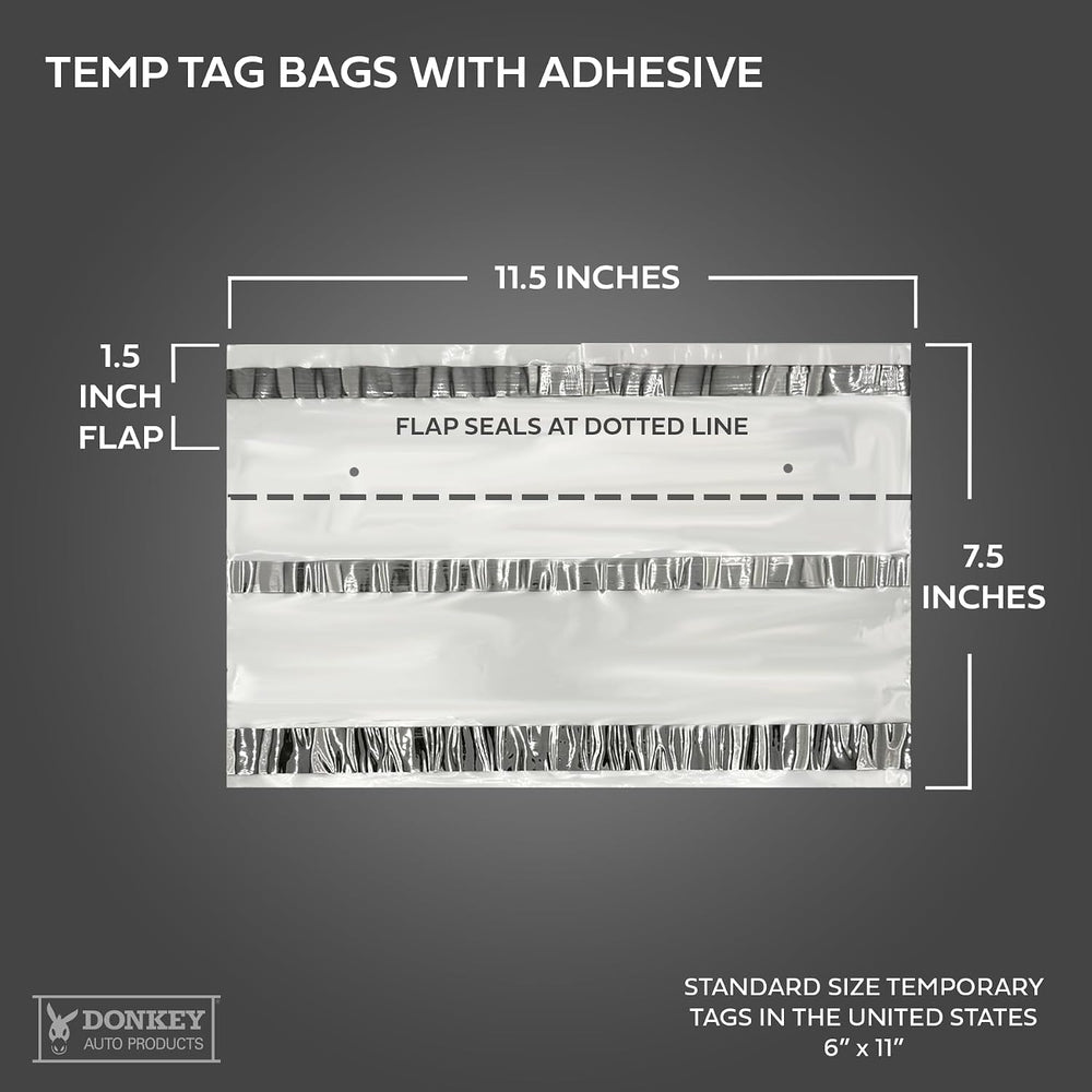 License Plate Temporary Tag Bags - Premium Plastic with Adhesive (100 per Pack)