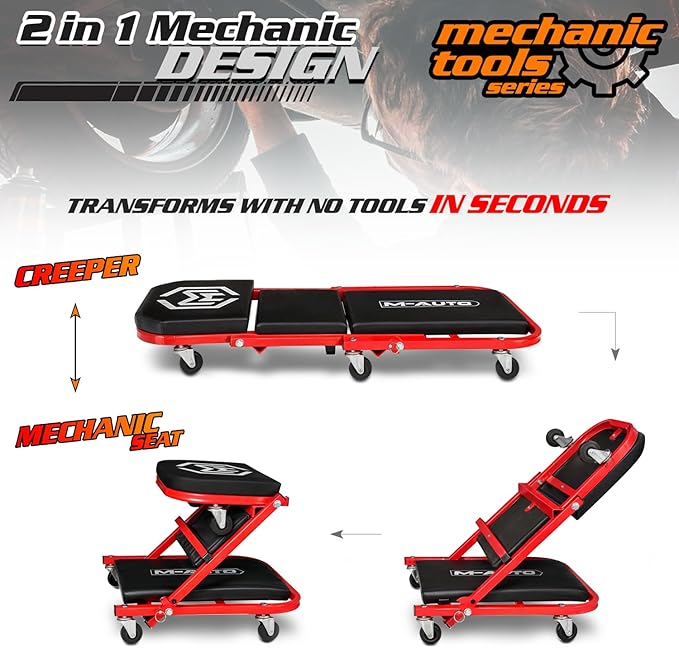 M-AUTO Foldable Z Creeper 2-in-1 Rolling Folding Car Creeper & Seat, 330LBS
