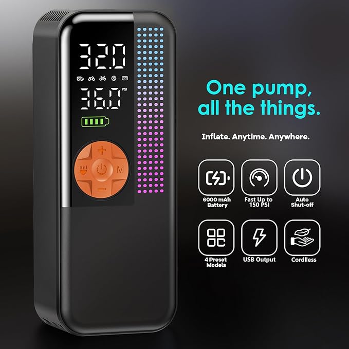 Portable Tire Inflator Air Compressor, 150 PSI Cordless Air Pump, 6000mAh