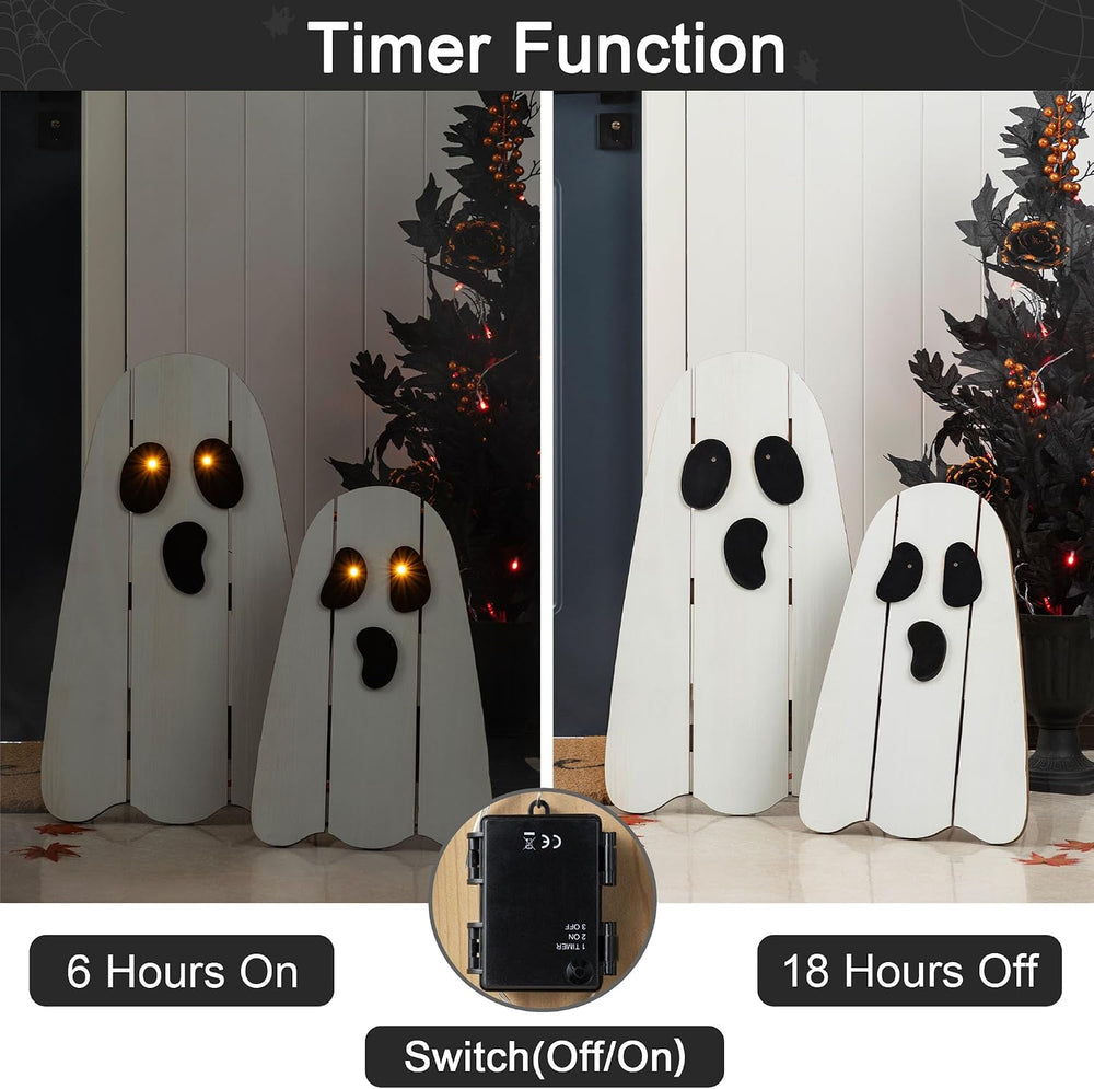 Glitzhome Set of 2 Halloween Lighted Wood Ghost Porch Decor - 24" H &amp...