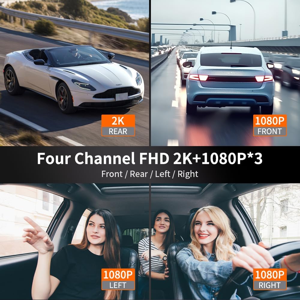 360° Dash Cam Front and Rear View 4 Channel Dash Camera FHD 2K+1080Px3 for Ca...