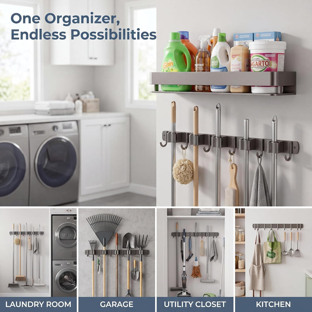 24 Inch Mop and Broom Holder Wall Mount, Broom Hanger Organizer with Hooks