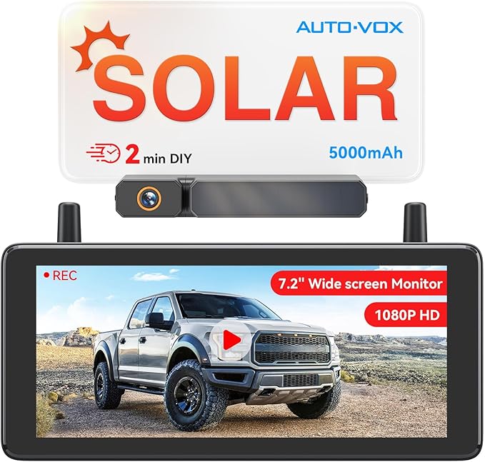 AUTO-VOX 7.2" DVR Portable Solar Wireless Backup Camera:HD 1080P 2 Min Quick