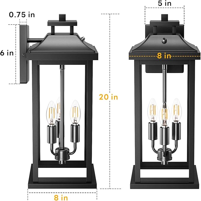 20" Large Dusk to Dawn Exterior Wall Light Fixture 3-Light, Waterproof M...