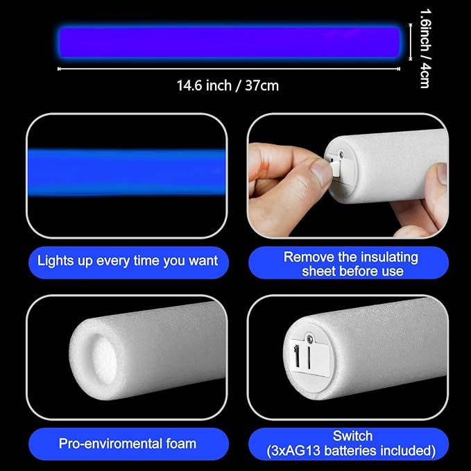 Glow Foam Sticks Bulk, 24 Pcs Blue Giant LED Light Up Sticks 3 Modes Flashing...