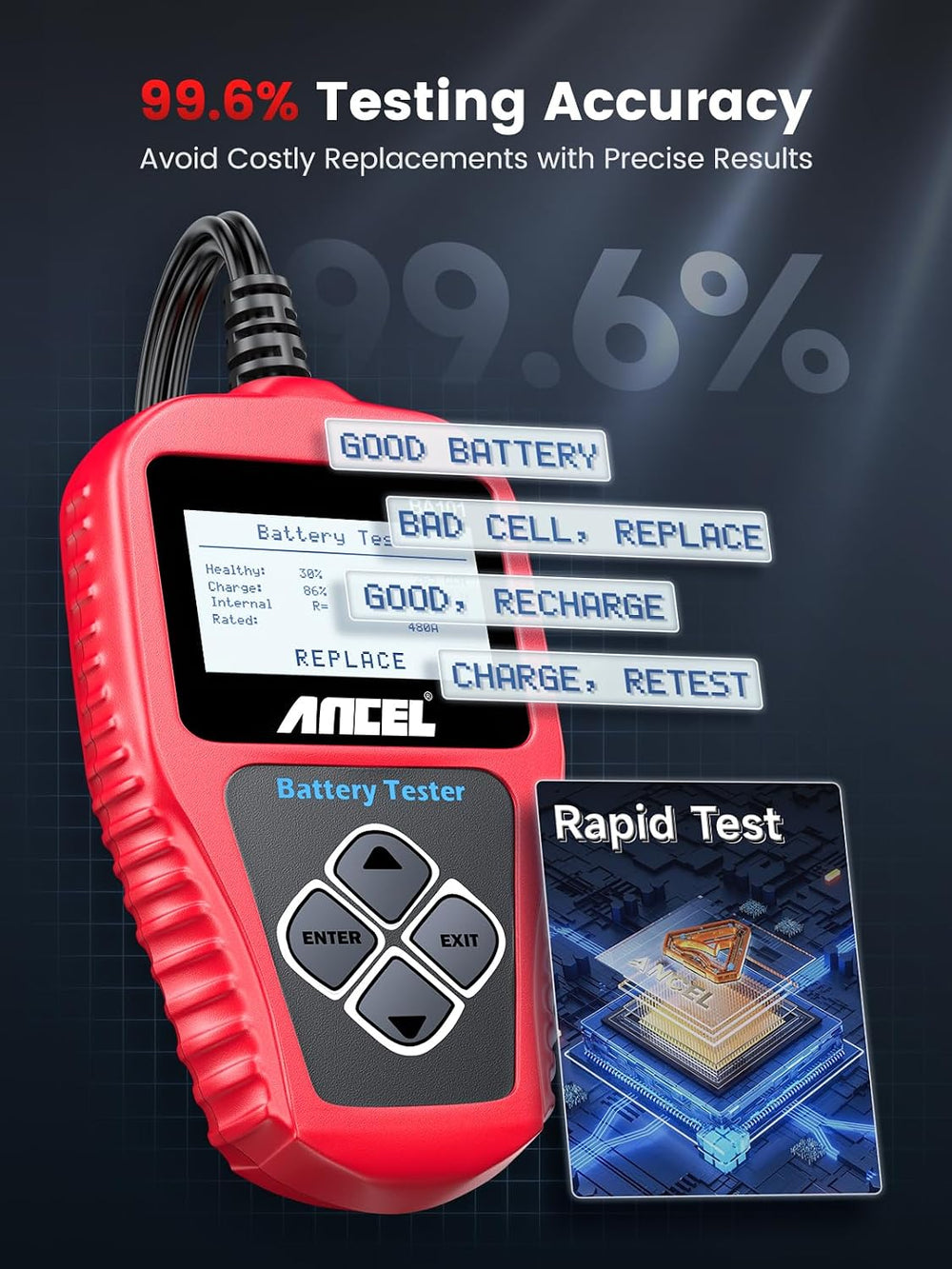ANCEL BA101 Car Battery Tester, 12V Digital Automotive Alternator Meter Diagn...