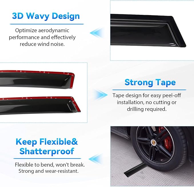 4pcs Front+Rear Smoke Tint Sun/Rain Guard Outside Mount Tape-On Vent Window