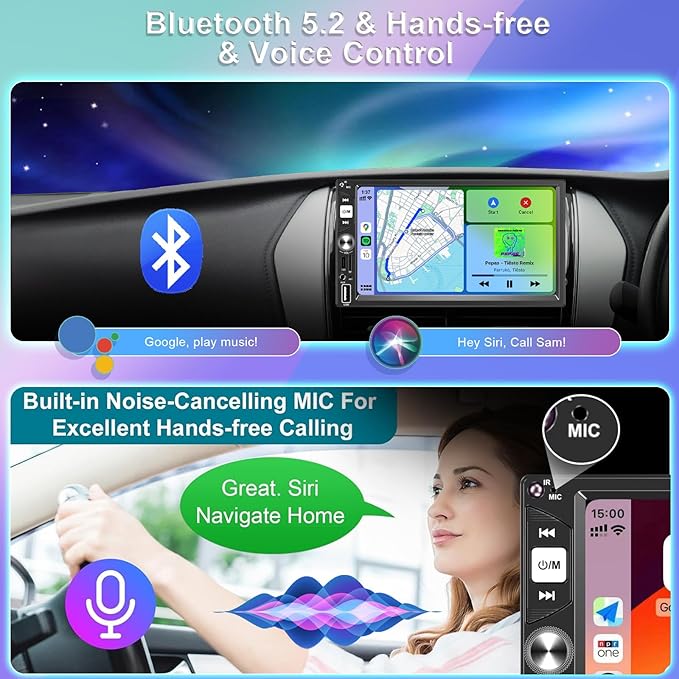 7” Wireless Apple CarPlay Double Din Car Stereo, FM Car Radio, IPS Touchscreen
