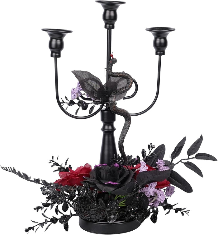 Halloween Candle Holder, 3 Arms Metal Candelabra, Black Candlestick Holder, Gothic Spooky Halloween Decor for Coffee Table/Dining Table Centerpiece, 18" Height