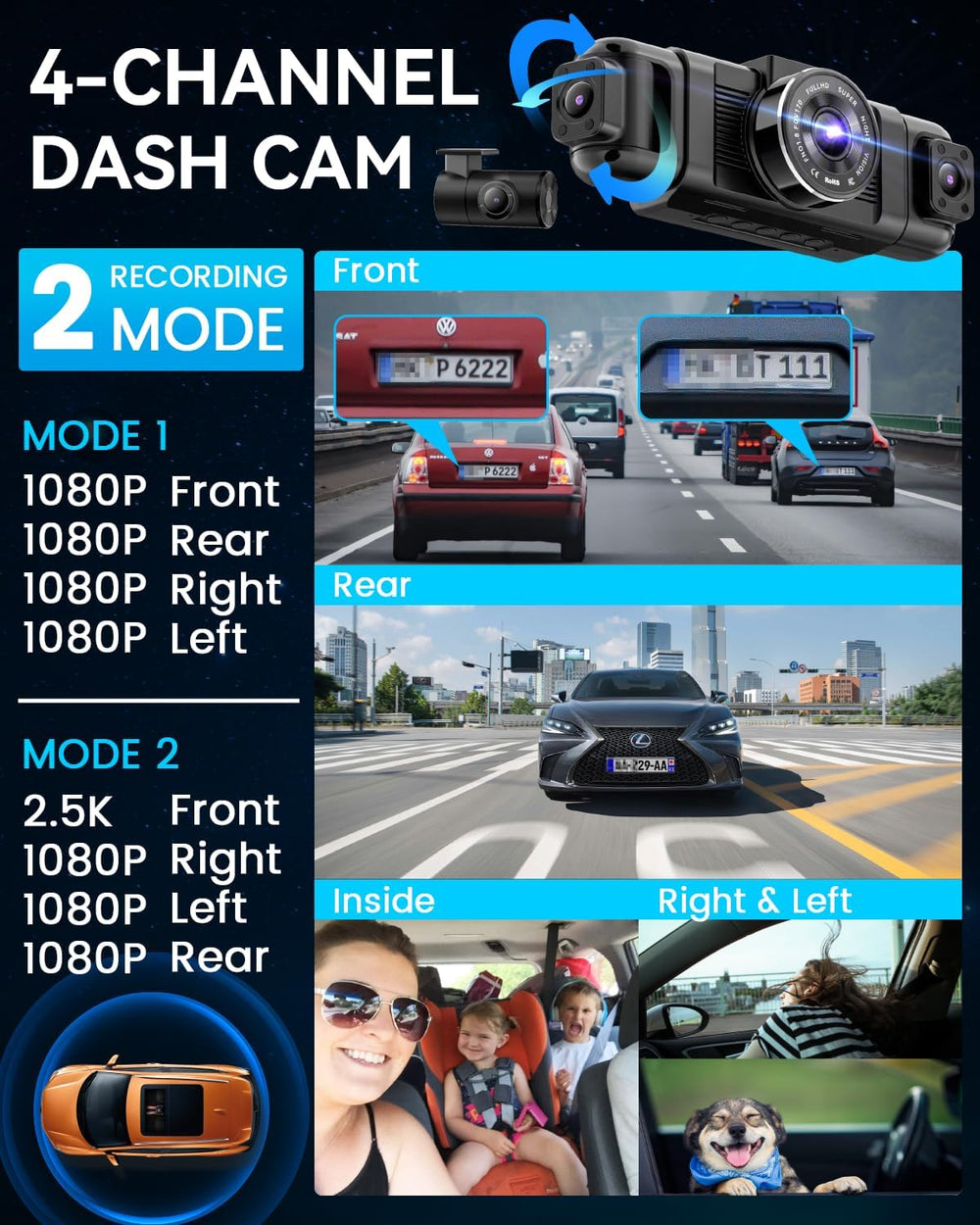 IIWEY N5 4 Channel Dash Cam for Cars, 360° View 2K Front 1080P Rear Inside
