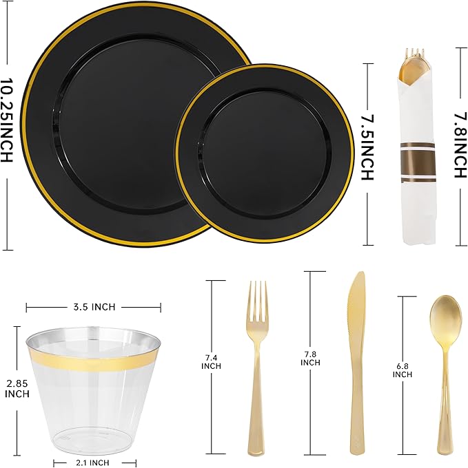 SUT 350 Pcs Black and Gold Plastic Dinnerware Set for 50 Guests, Include: 50 ...