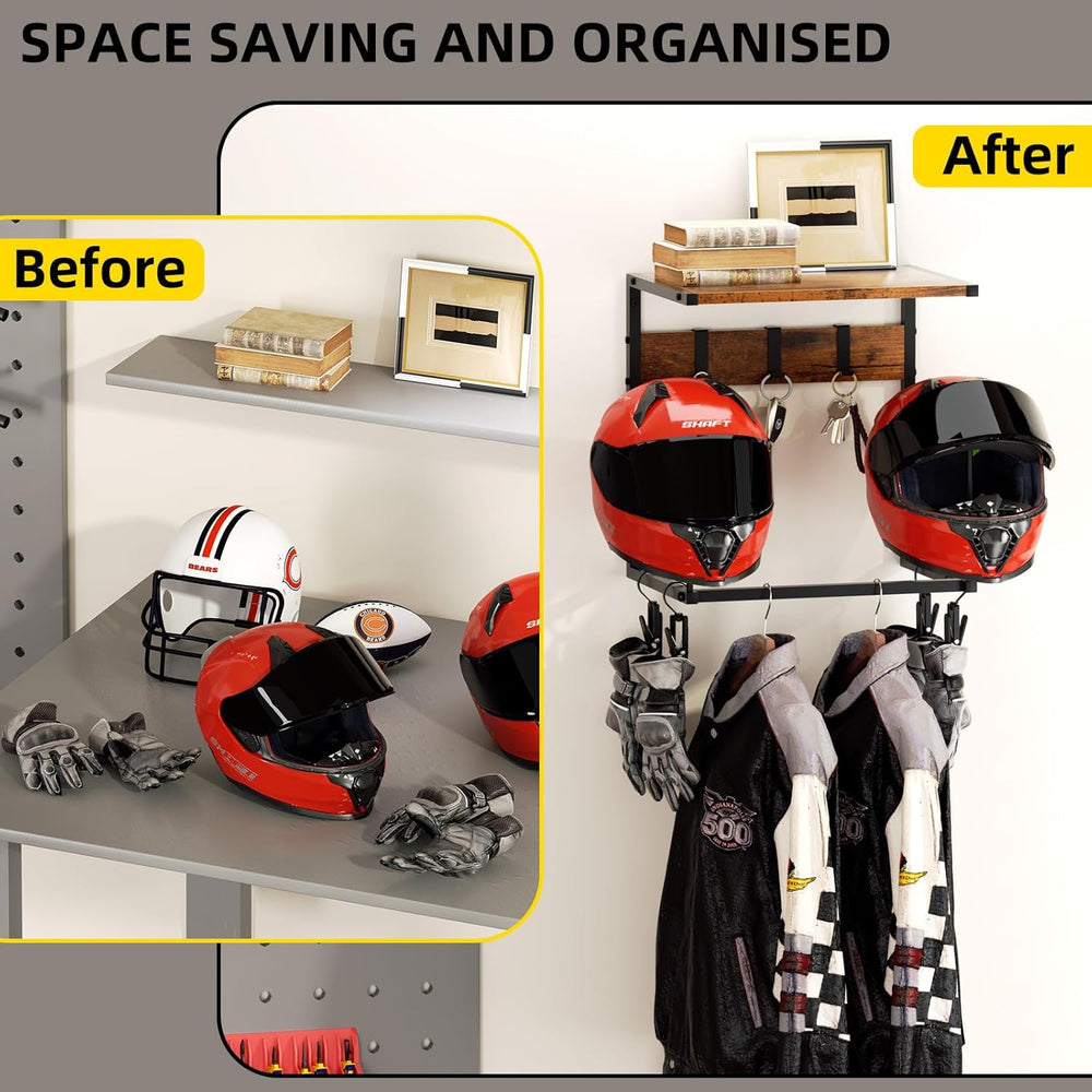 Urban Deco Motorcycle Helmet Holder Wall Mount Rack with 2 Hat Stands