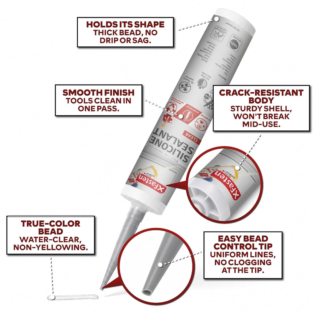 XFasten Clear Silicone Caulk Neutral Cure 10.1 oz (4-Pack) 100% Waterproof Si...