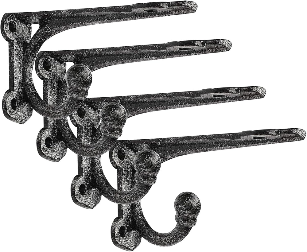 Cast Iron Shelf Brackets 4 Inch, 4 Pack Black Rustic Shelf Brackets with Hook...