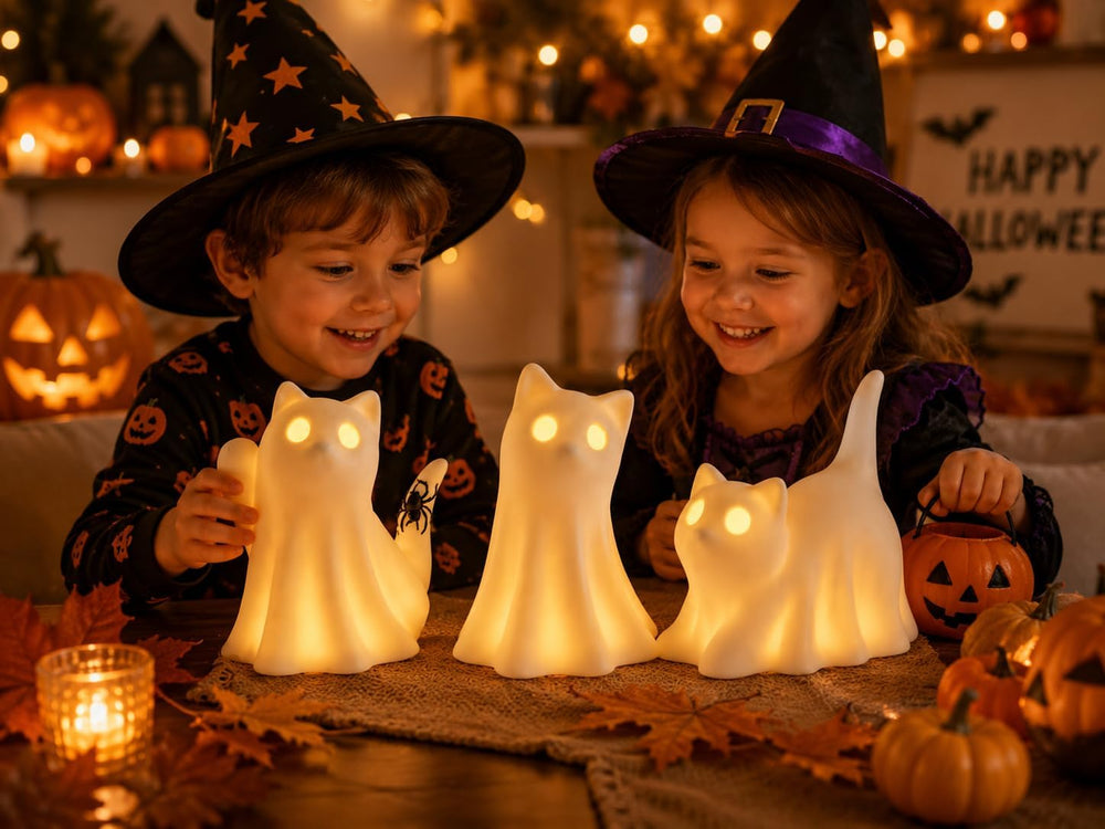 3PCS Ceramic Ghost Cat Light Up Decor Cat Ghost Halloween Decor
