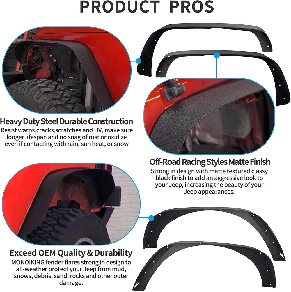 MONOKING 4PCS Flat Fender Flares for 2007-2018 Wrangler JK JKU 2 & 4-Door...