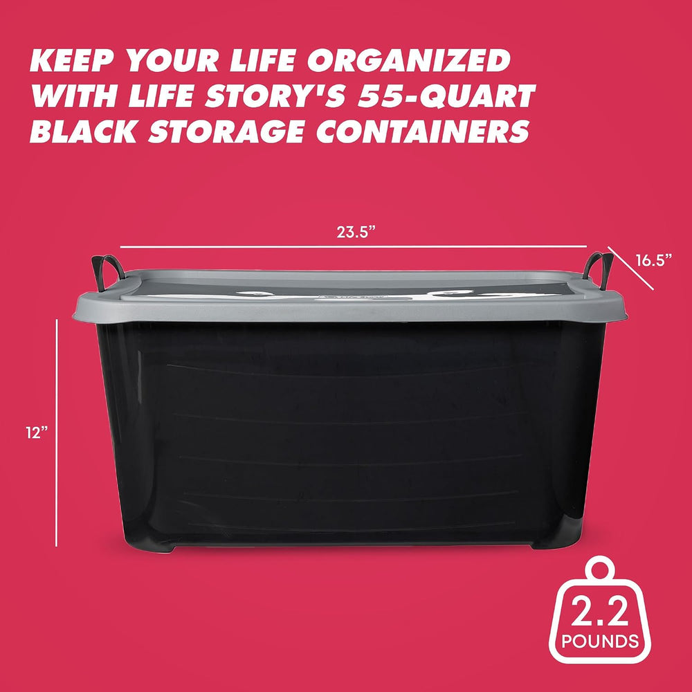 Life Story 6 Pack Stackable Storage Bin, 55 Qt Home Organizers, Black/Gray