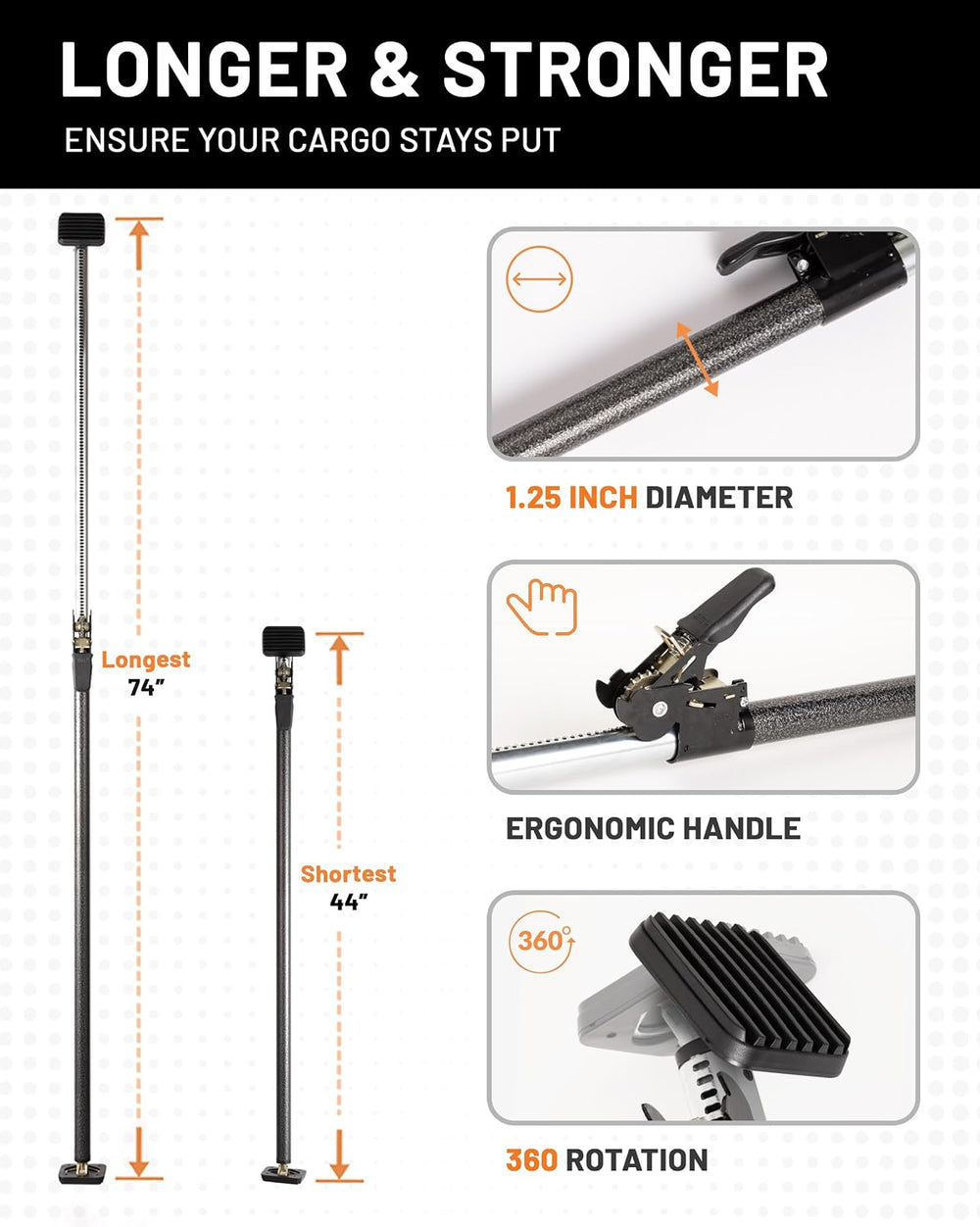 Strapinno - Ratcheting Cargo Bar 44"-74", Non-Slip Truck Bed Divide...