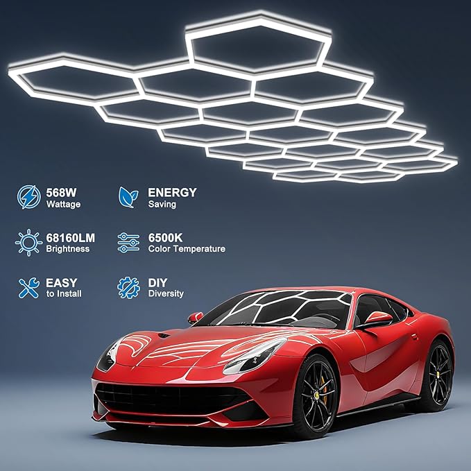 BRILLIHOOD Hexagon Garage Lights, LED Car Detailing Lighting, 6500K Super Bright