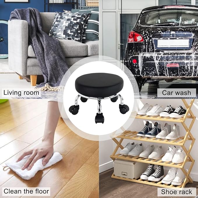 Modern Roller Seat PU Leather Low Round Rolling Stool 360 Swivel Small Stool