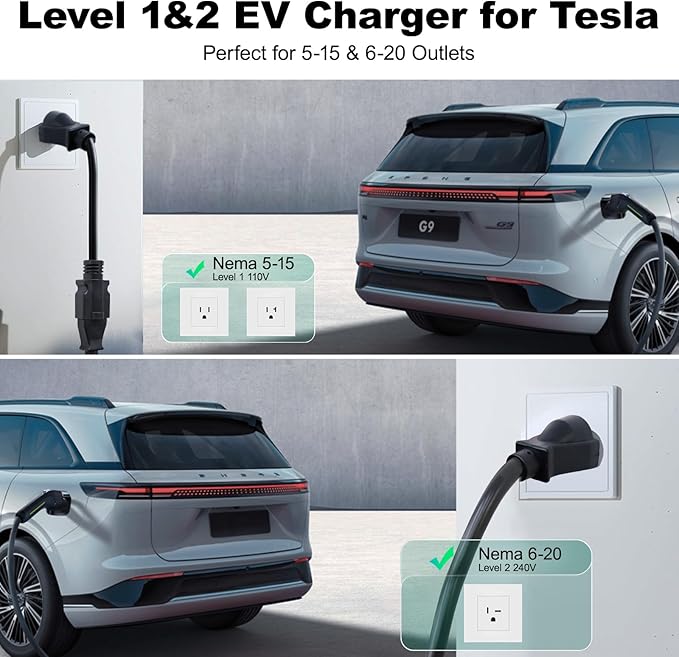Level 1/2 EV Charger for Tesla 16Amp, Electric Vehicle Portable Charger