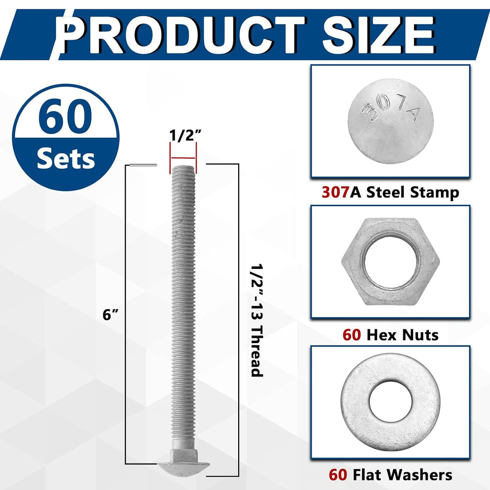 Therwen 60 Pack 1/2" x 6" Carriage Bolts Kits Grade 307A 1/2" USS