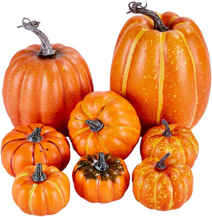 Artmag 8 Pcs Assorted Sizes Harvest Orange Artificial Pumpkins for Fall Halloween Thanksgiving Decorating Embellishing and Displaying